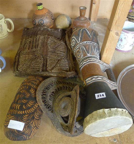 Papa New Guinea hand drum and mask, Sepik bag and other items (8)